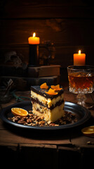 Fototapeta na wymiar Piece of chocolate cake with tangerines and nuts on a wooden background