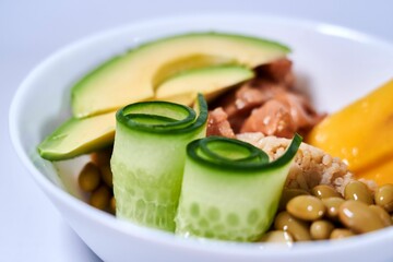 Close-up of a plated meal with a mix of avocado and beans arranged artfully on a white plate