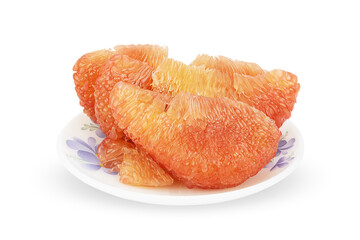 Fresh pealed pomelo on white plate with clipping path