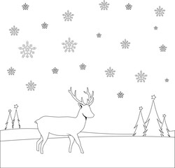 Christmas background with a deer in the snow. Vector black and white coloring page.