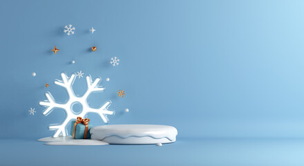 Winter display podium background with neon snowflake, gift box cartoon style, 3d rendering illustration