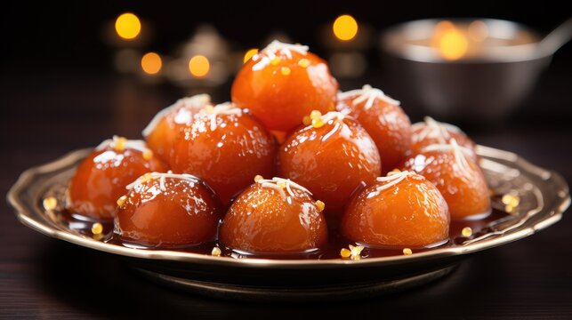 Gulab Jamun in syrup. Traditional sweet Indian dessert.