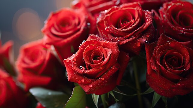 Bouquet of red roses with water drops in the vase. Beautiful floral composition for wedding, Valentine's day, birthday.