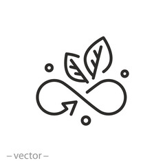 fresh infinity icon, leaves with infinity sign, save environment, eco-friendly concept, thin line vector illustration - obrazy, fototapety, plakaty