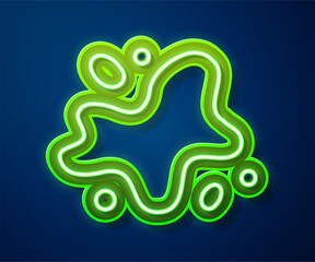 Glowing neon line Water spill icon isolated on blue background. Vector