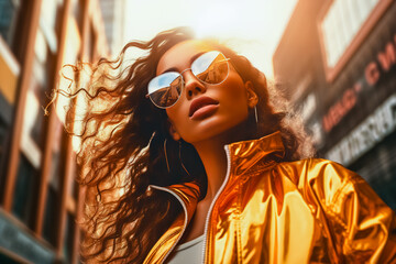 Young woman with sunglasses and gold jacket posing for picture on city street.