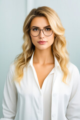 Woman wearing glasses and white shirt is posing for picture.