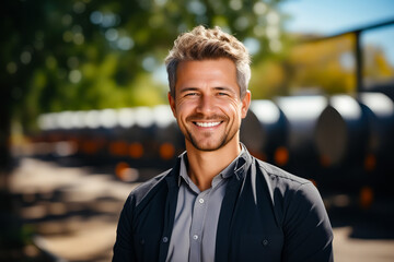 Man with beard smiling for picture in front of train.