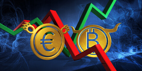 bullish btc to bearish eur currency. foreign exchange market 3d illustration of bitcoin to european euro. money represented  as golden coins