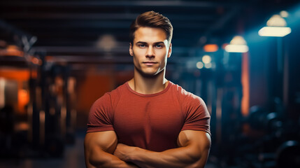 Adult man bodybuilder posing for picture with her arms crossed in gym.