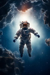 Astronaut floating in the sky with clouds and stars.