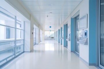 Empty corridor in modern hospital with waiting room and beds