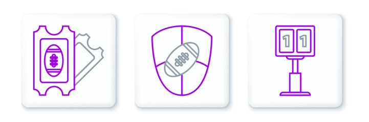 Set line Sport football mechanical scoreboard and result display, American Football ticket and shield icon. Vector