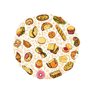 recommend clip art: Colored hand drawn sketch of bread and bakery goods