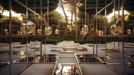 A contemporary outdoor labyrinth with mirrored walls and hidden surprises. - obrazy, fototapety, plakaty