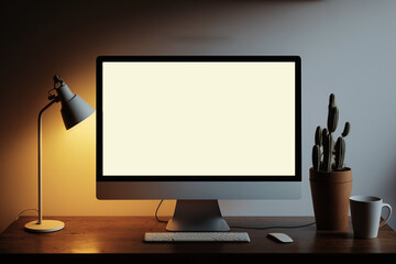 Computer with blank screen and lamp on a desk, computer mockup