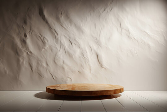 Stylish wooden podium for product demonstration, display, presentation, concept, marketing on white wall