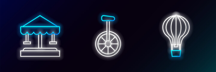 Set line Hot air balloon, Attraction carousel and Unicycle or one wheel bicycle icon. Glowing neon. Vector
