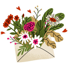 Envelope with a bouquet of flowers and hearts. Greeting card for birthday, March 8, Mother's Day or Valentine's Day. Vector illustration in cartoon style isolated on white background.