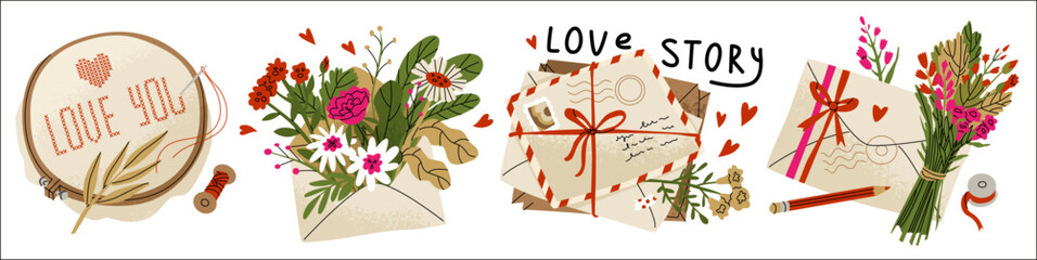 A set of compositions with flowers and letters for Valentine's Day. Handicraft, gift for a loved one. Vector illustration in cartoon style isolated on white background.