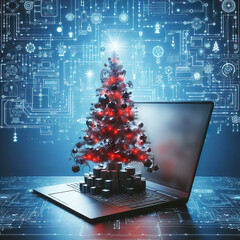 A high-tech Christmas tree stands next to a computer monitor