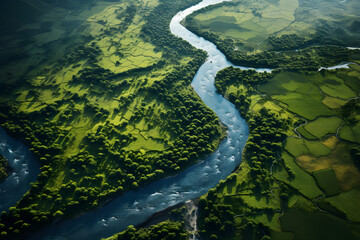 Ecology and environment concept. Green nature from above. Aerial view on river landscape. Healthy nature Earth Day.