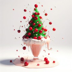 lIllustration of a magical elegant Christmas tree made of ice cream with cherries. AI generated image