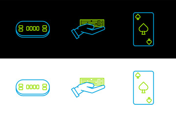 Set line Playing card with spades symbol, Poker table and Hand holding deck of playing cards icon. Vector