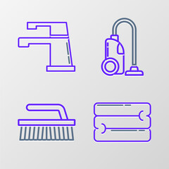 Set line Towel stack, Brush for cleaning, Vacuum cleaner and Water tap icon. Vector