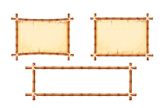 Set Bamboo frames with old parchment paper decorated with rope in cartoon style isolated on white background. Game ui board, sign