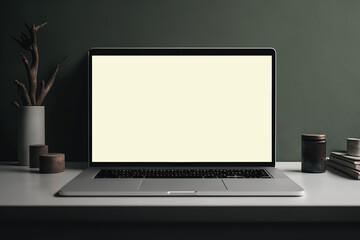 Laptop with blank screen on white table. Mockup