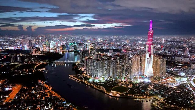 Aerial view of Ho Chi Minh City skyline and skyscrapers in center of heart business at Ho Chi Minh City downtown. Financial and business centers in developed Vietnam. Hyperlapse