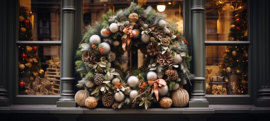 Chic pink Christmas wreath on a shop window. Christmas wreath on the door. Horizontal banking background for web. Photo AI Generated