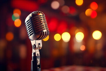 Retro digital microphone on stand against background of club lights and bokeh