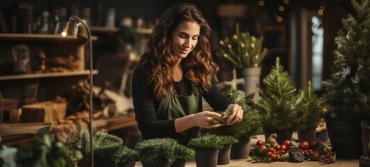 Christmas pine garland busckets. A brunette woman florist makes a pine garland for Christmas. Horizontal banking poster background for advertisement. Photo AI Generated - obrazy, fototapety, plakaty