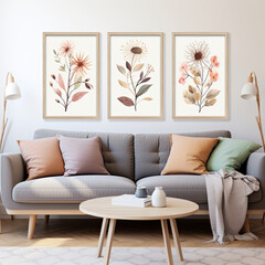 Modern living room , Design for wall framed prints Botanical Print Set of 3, frames ar 2:3, Floral Printable Art .