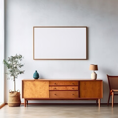 simple empty blank mock up poster frame with copy space , Wooden cabinet, dresser against concrete wall Scandinavian home interior design of modern living room , minimal, clean, bright.