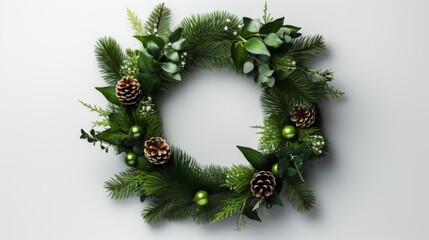 Fototapeta na wymiar Christmas wreath on the white wall. Christmas wreath with cones and green decor. Horizontal banking background for web. Photo AI Generated