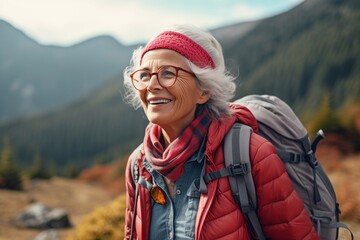 elderly grandmother tourist among the mountains smiling with glasses