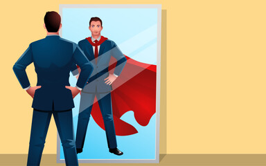 Businessman standing with hands on hips in front of a mirror seeing himself as a superhero. Symbol of confidence, self-belief, leadership, motivation, career growth and the pursuit of greatness