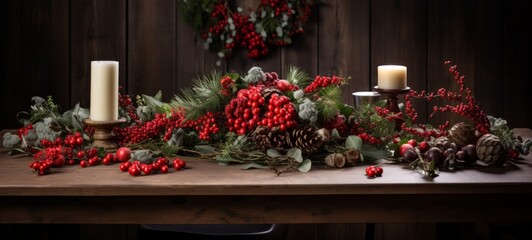 Fototapeta na wymiar Christmas pine garland. Berries, cones, candles. Christmas pine garland decorations on a wooden table. Horizontal banking background for web. Photo AI Generated