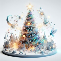 Illustration of a magical elegant Christmas tree with gifts. AI generated image.
