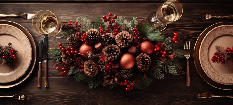 Christmas wreath composition with pine cones, red decor balls on a wooden table. Christmas table setting. Horizontal banking poster background for advertisement. Photo AI Generated