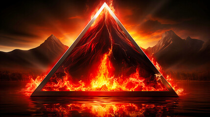 Mystic Triangle Harnessing Volcanic Fury Amidst Mountainous Landscape and Reflective Waters.