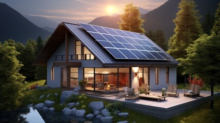 Beautiful house with solar panel/solar system on the roof. Climate neutral and electricity generating