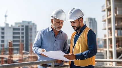 Hispanic man thoughtful wearing safety reflective vest at big construction site holding modern Tablet technology searching, architect engineering middle-aged male working