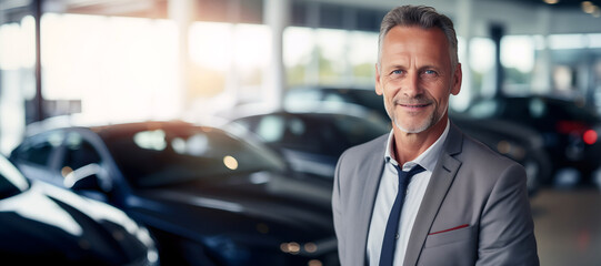 Portrait of confident mature businessman standing in car dealership and looking at camera