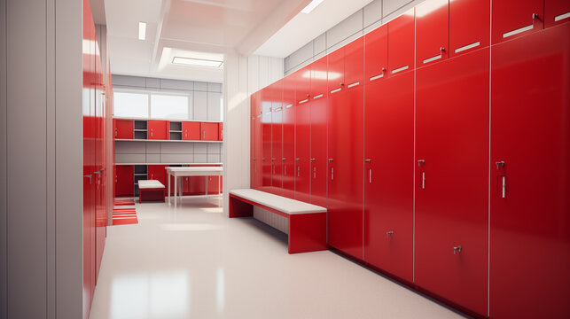 Red lockers in red color for student in changing room.