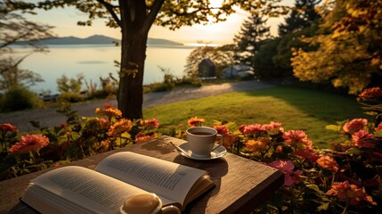 Breakfast table set under autumn trees, overlooking lake in Japan. Bouquet of flowers, cup of tea,...