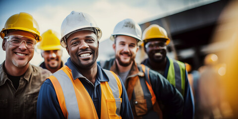 Portrait of happy workers in safety helmets